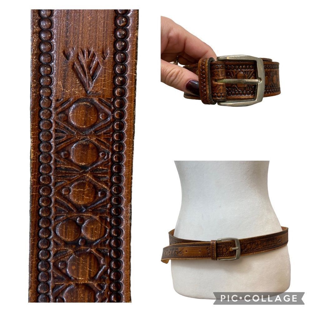 Vintage Genuine Tooled Brown Leather Belt fits 32-42” Waist